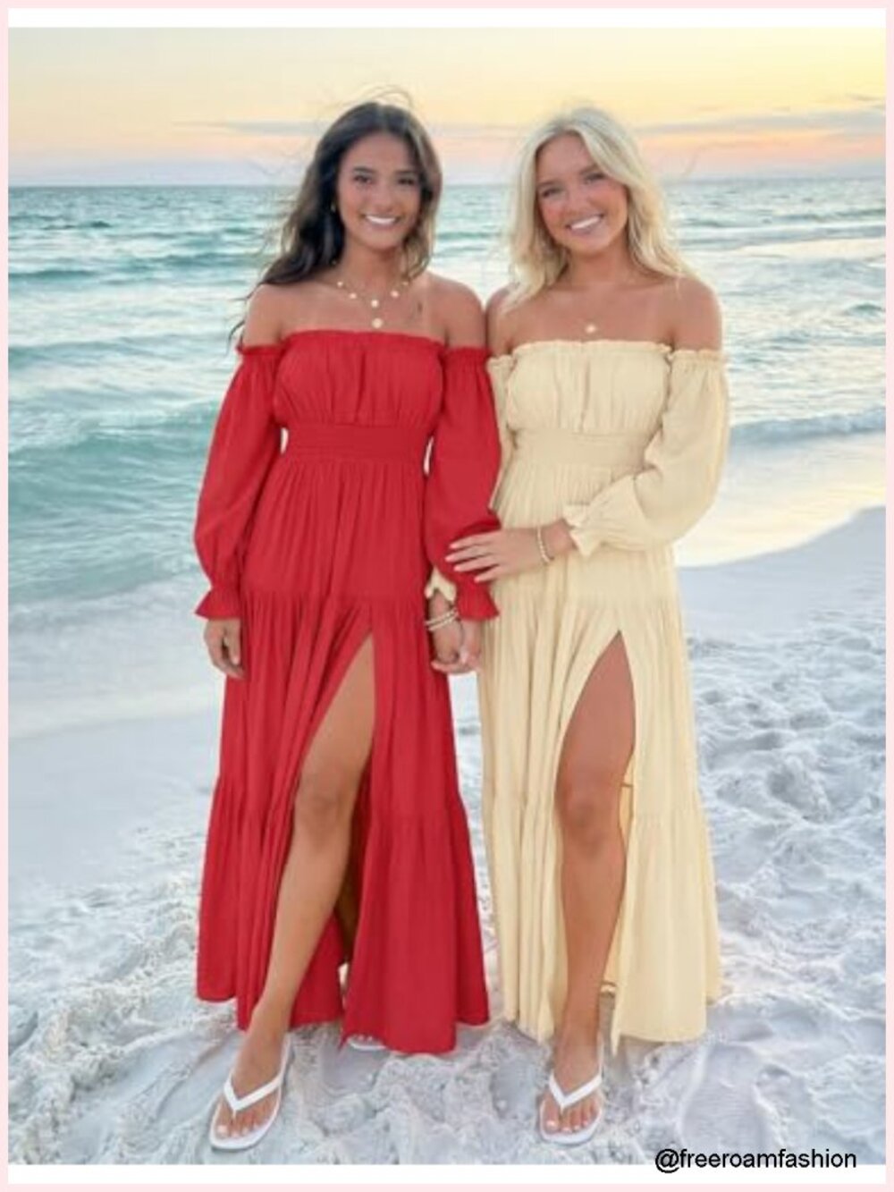 Off Shoulder Maxi Dress with Puff Sleeves and Side Split - Flowy A-Line, High - Picture 4 of 6